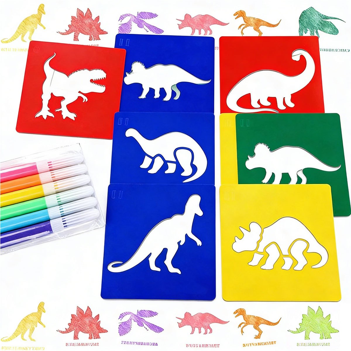 Art Craft Dinosaurs - 6 個の恐竜絵画ステンシルと 6 個のミニマーカー付き洗えるプラスチックテンプレートセット DIY アートクラフト教室用