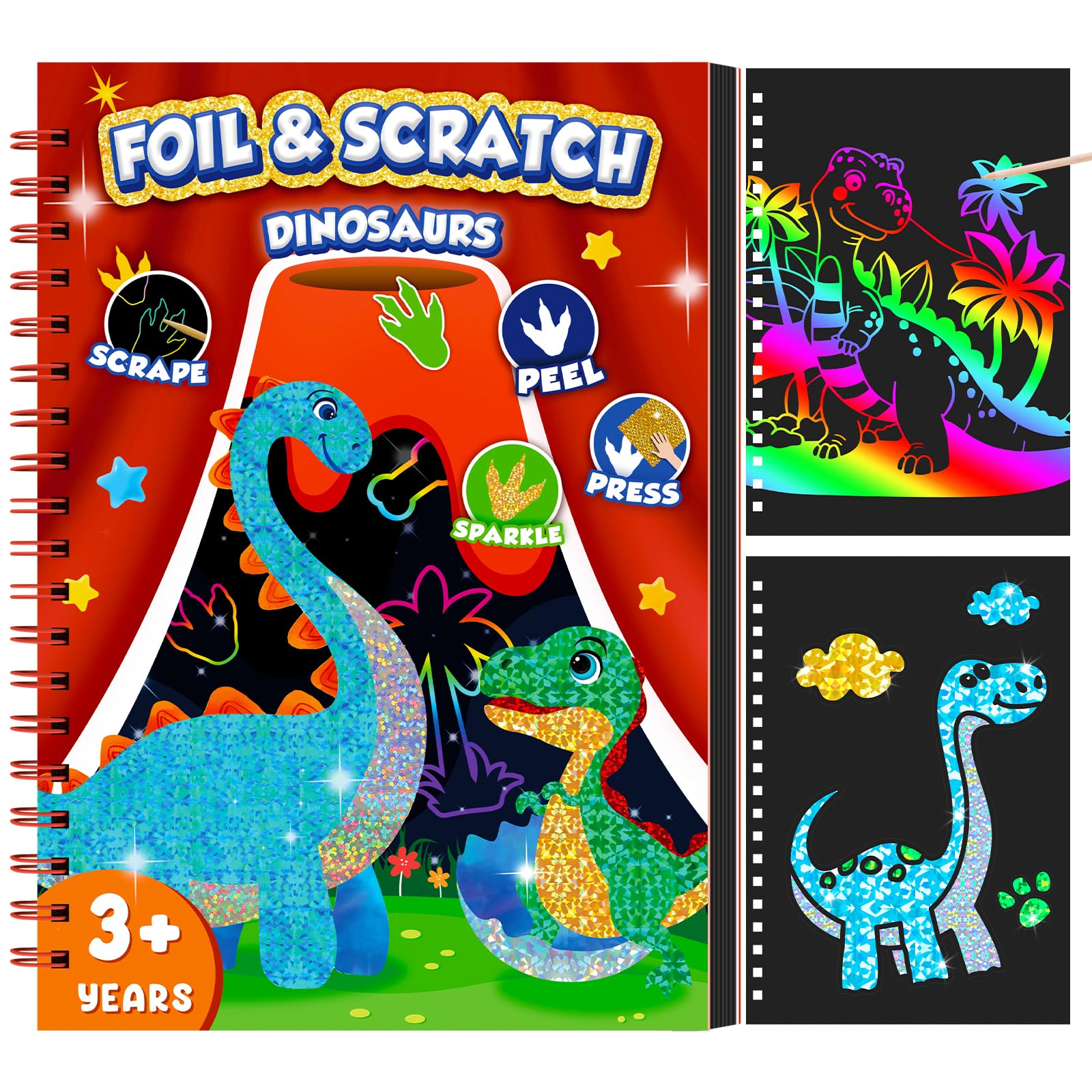 Art Craft Dinosaurs - 恐竜スクラッチアートブック 子供用 ホイルとスクラッチアートペーパー お手入れ簡単 アートクラフト DIY