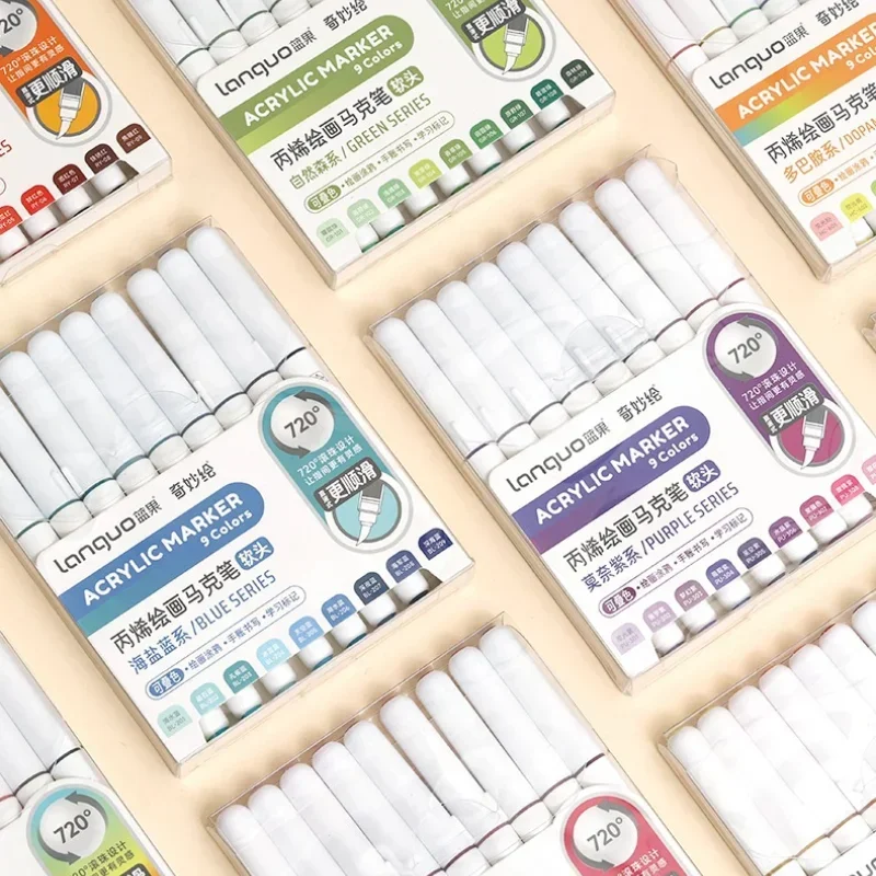 Illustration Marker Set - LANGUO 171/9色 直接塗布 アクリル絵の具ペン ブラシマーカー 岩絵