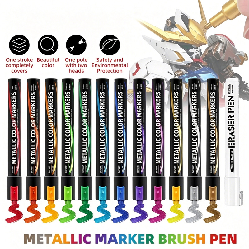 Illustration Marker Set - メタリックマーカー カラーリングペン メカペイント用 ペイントツールセット モデルツール 12色