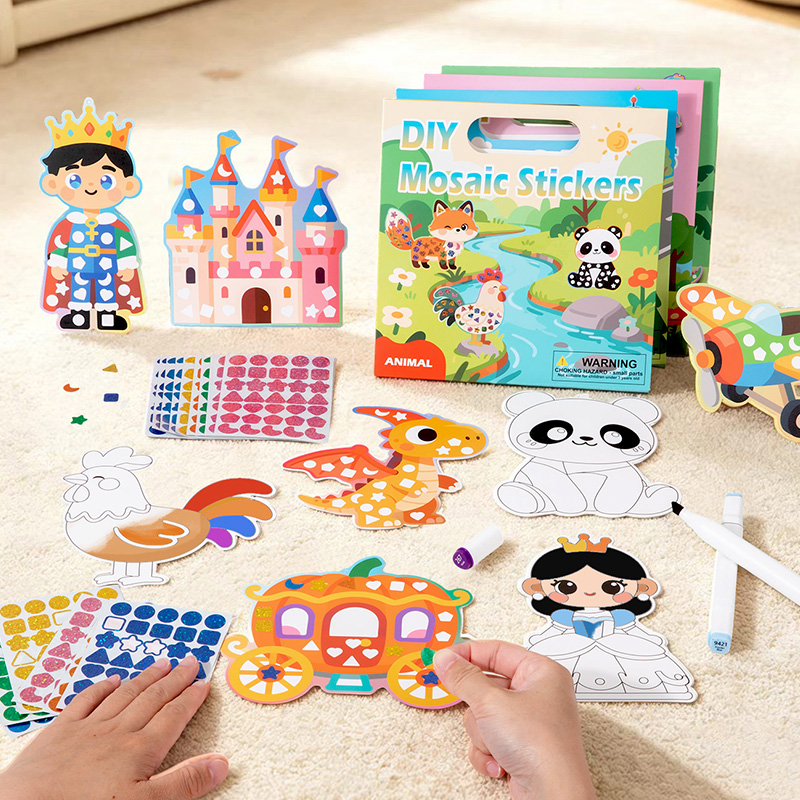 Art Craft Dinosaurs - 2-in-1 DIYモザイクステッカー＆塗り絵クラフトキット 子供向け 動物・交通・恐竜・プリンセステーマ 描画ステッカーアートセット おもちゃギフト