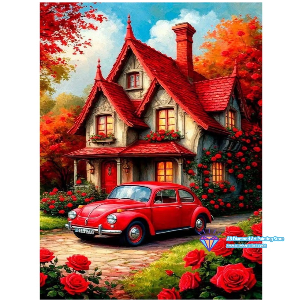 Art And Craft Autumn - 赤い家、車、バラ、秋の芸術、5D DIYダイヤモンドペインティングセット、正方形と丸型のダイヤモンド付き、手作り工芸品、家の装飾、ギフト