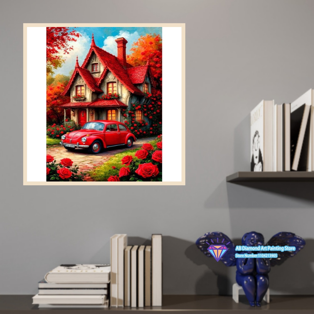 赤い家、車、バラ、秋の芸術、5D DIYダイヤモンドペインテ - Art And Craft Autumn のレビューと価格